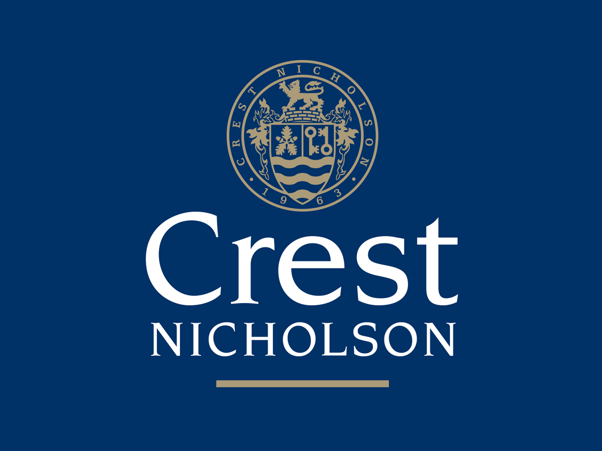 Crest Nicholson logo with a blue background, crest emblem at the top, and the words 'Crest NICHOLSON' in white text.