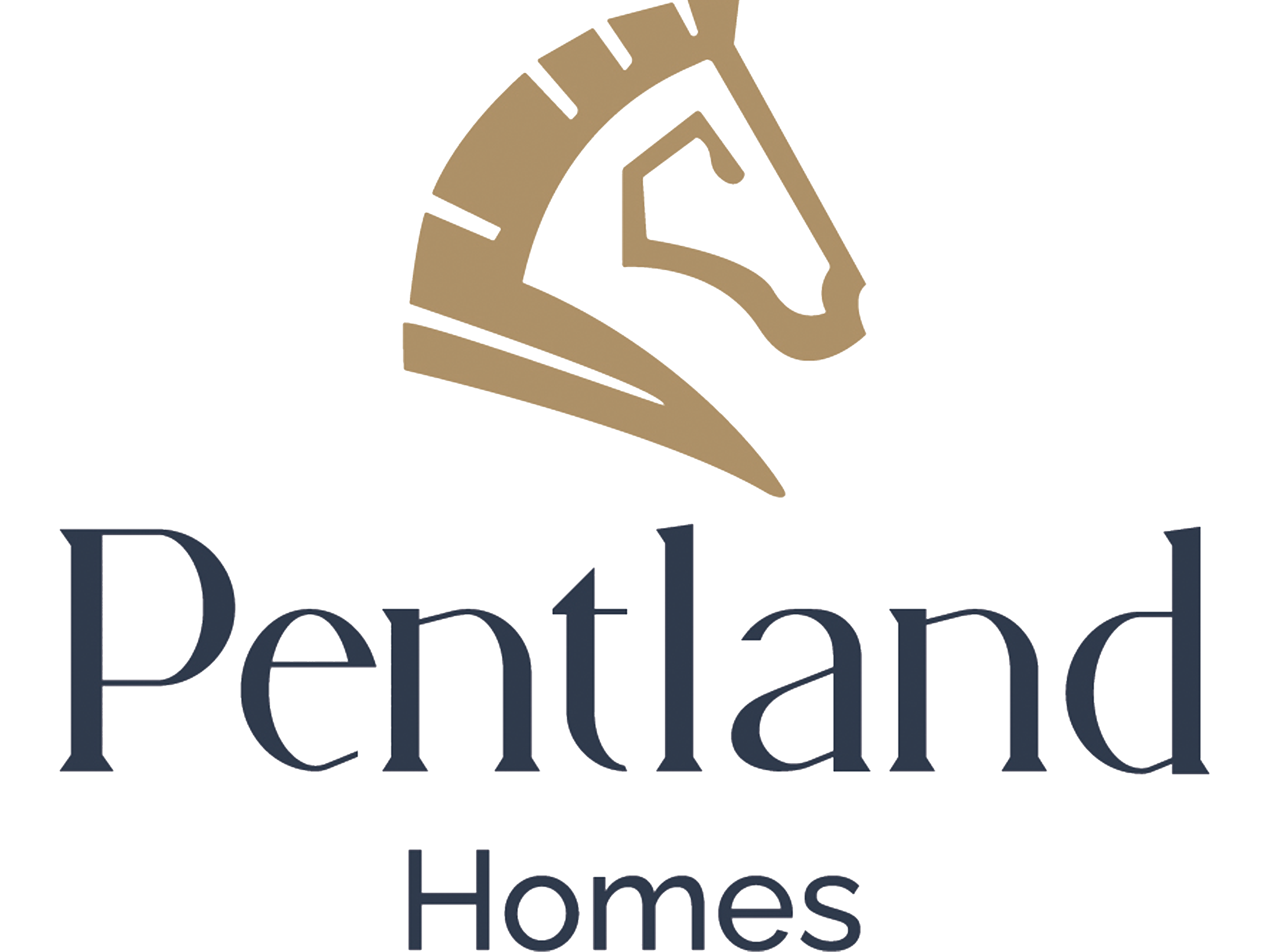 A logo featuring a stylized horse head in shades of brown, with the words 'Pentland Homes' below in large, elegant font.
