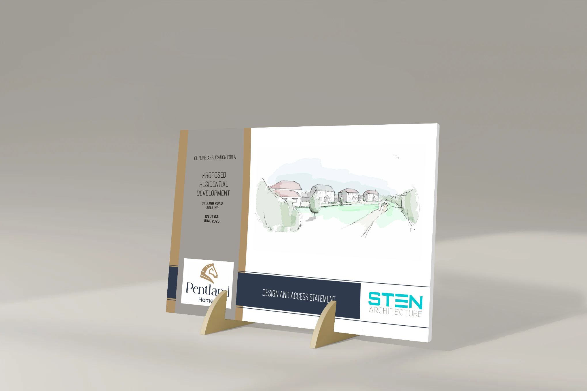 A presentation board on a stand displays sketches of houses and text related to a proposed residential development project.