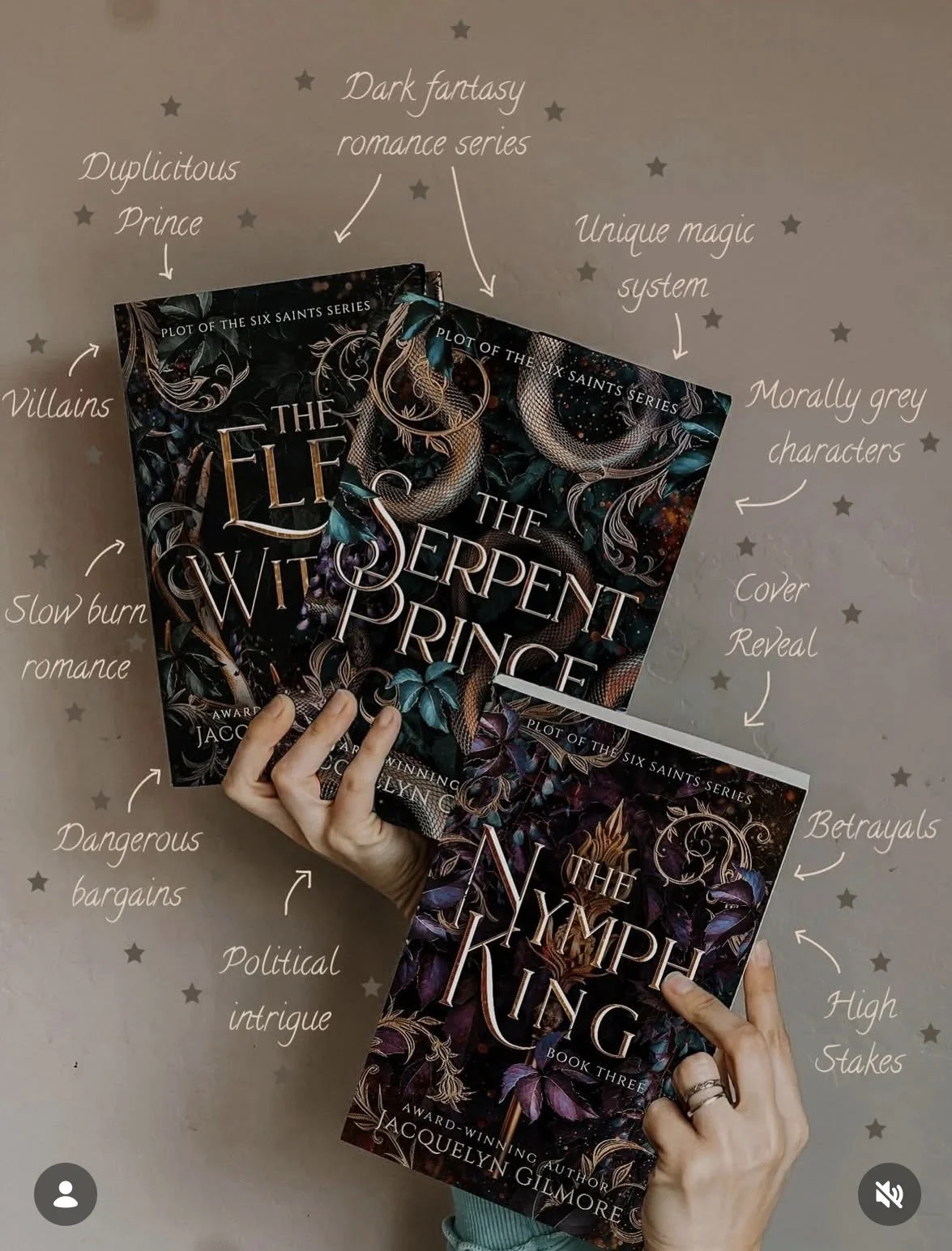 Two people hold books from the Plot of the Six Saints series, titled "The Elf's Wit" and "The Serpent's Prince," against a background with handwritten annotations describing themes like dark fantasy romance, unique magic system, morally grey characters, dangerous bargains, political intrigue, betrayals, and high stakes.