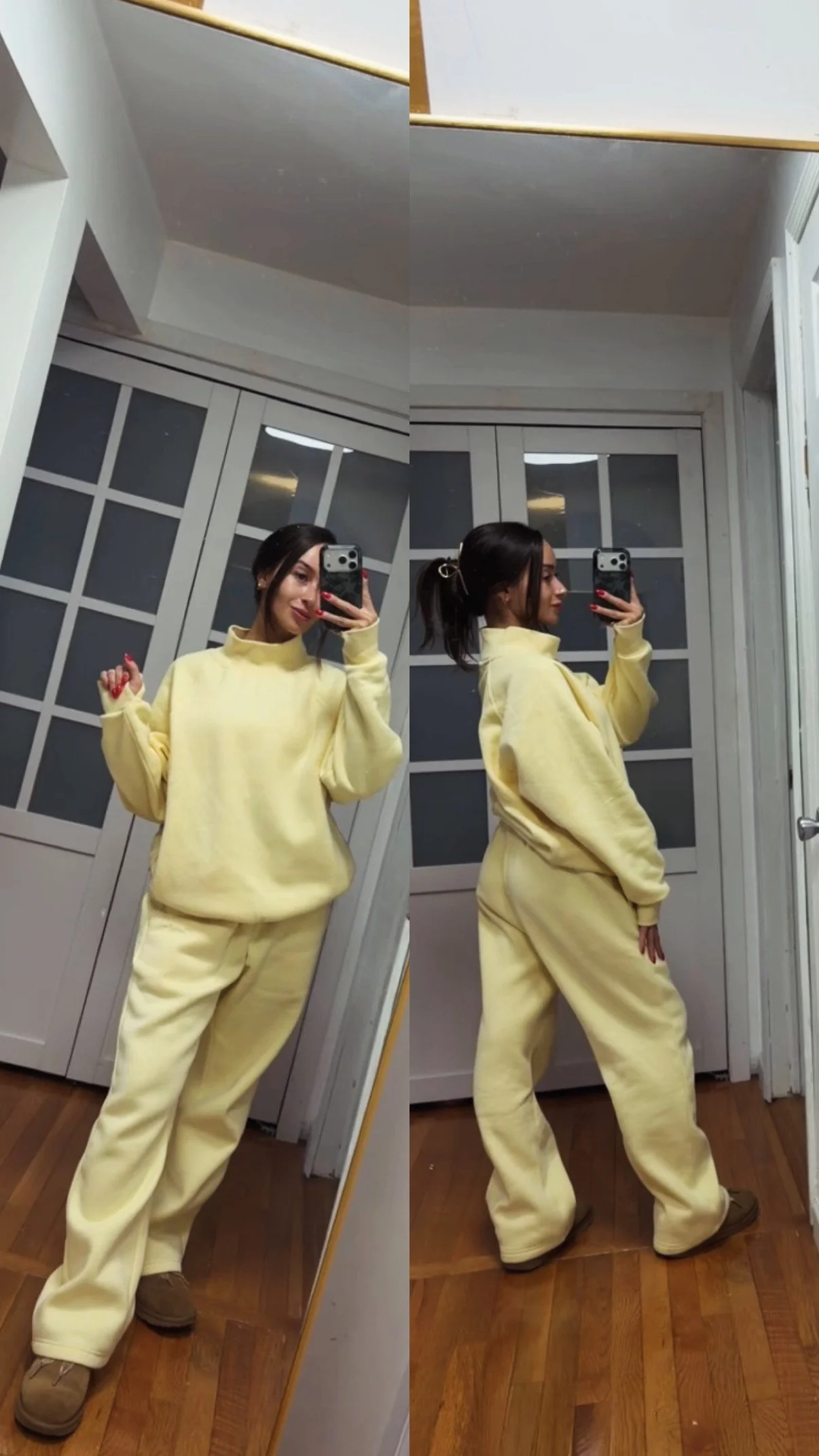 A young woman is taking a mirror selfie inside a room. She is wearing a yellow oversized sweatshirt and matching sweatpants, with brown shoes. The room features a white door with multiple small window panes and a white wardrobe. The photo is split in