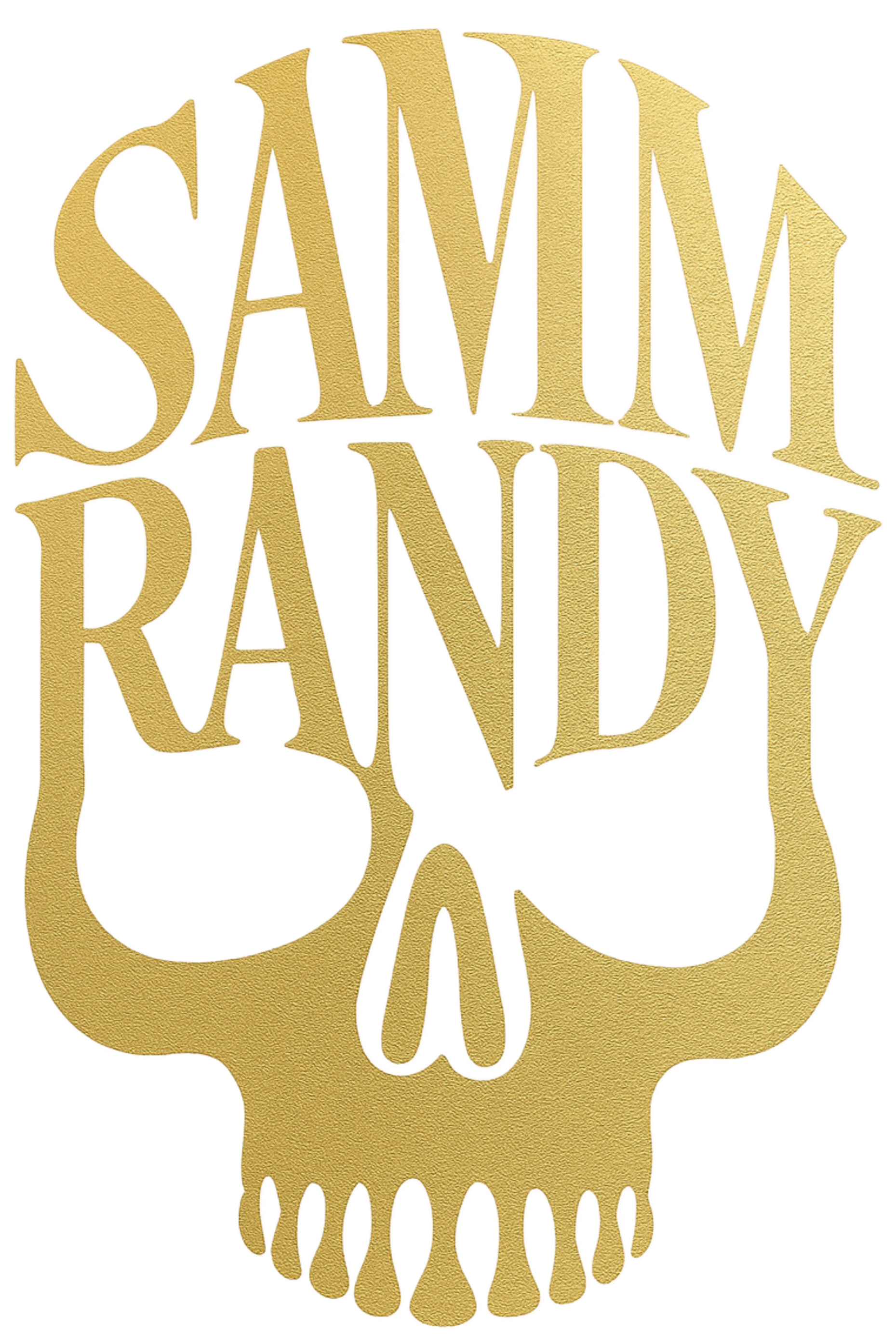 A graphic with the phrase 'SAMU DAY' in gold lettering arranged over a stylized skull and crossbones design.