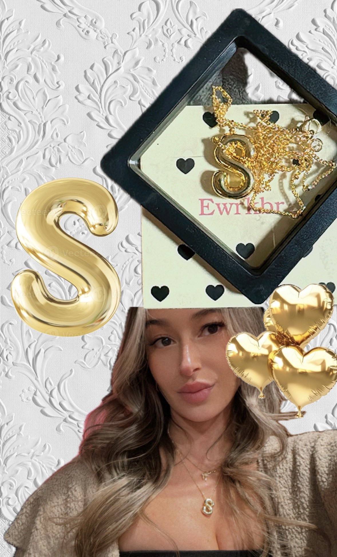 A woman with long, wavy hair wearing a beige cardigan and layered jewelry, including an 'S' pendant necklace. Behind her is a white wall with textured floral patterns. Various photo embellishments are overlaid, including gold balloon hearts, a gold d