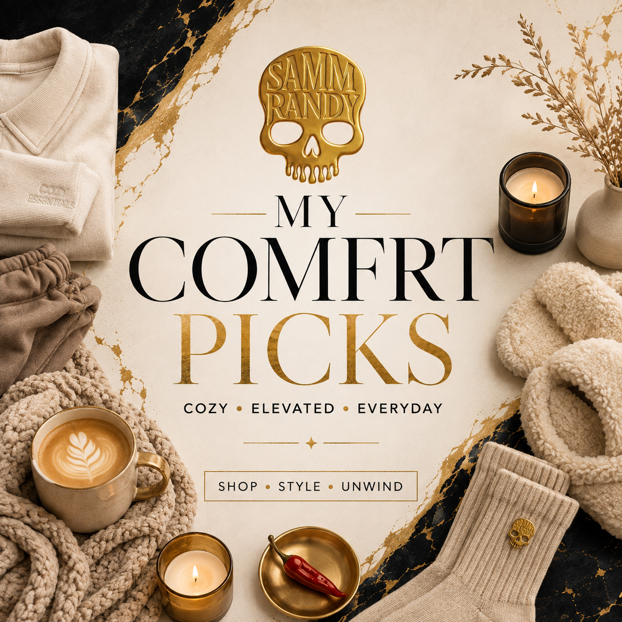 A flat lay arrangement of cozy home items surrounding text that reads 'My Comfort Picks,' with a skull-shaped decoration engraved with 'Samm Randy' at the top. The items include folded sweaters, a coffee cup with latte art, candles, a small dish with a red chili, and a sock with a skull emblem, all set against a background with black and gold paint splashes and a small vase with dried flowers.