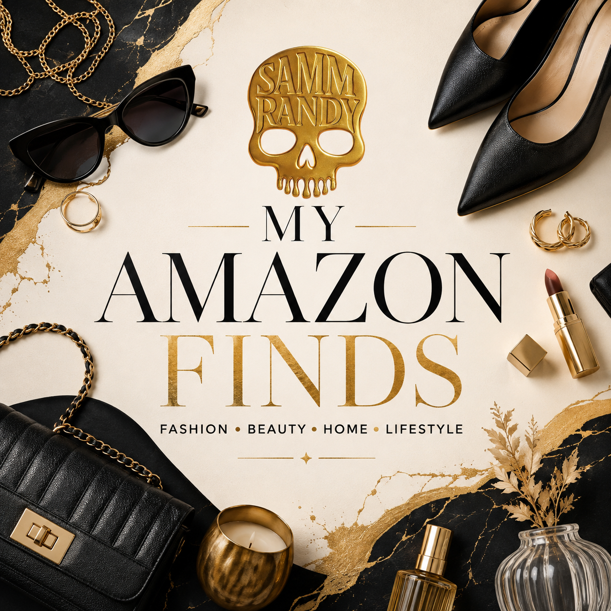 Flat lay of fashion and beauty accessories around the text "My Amazon Finds" with subtitle "Fashion, Beauty, Home, Lifestyle". Items include black high heels, black sunglasses, gold jewelry, a black handbag, lipstick, perfume bottles, a candle, and dried decorative leaves, all arranged on a cream and black marble background with gold accents.