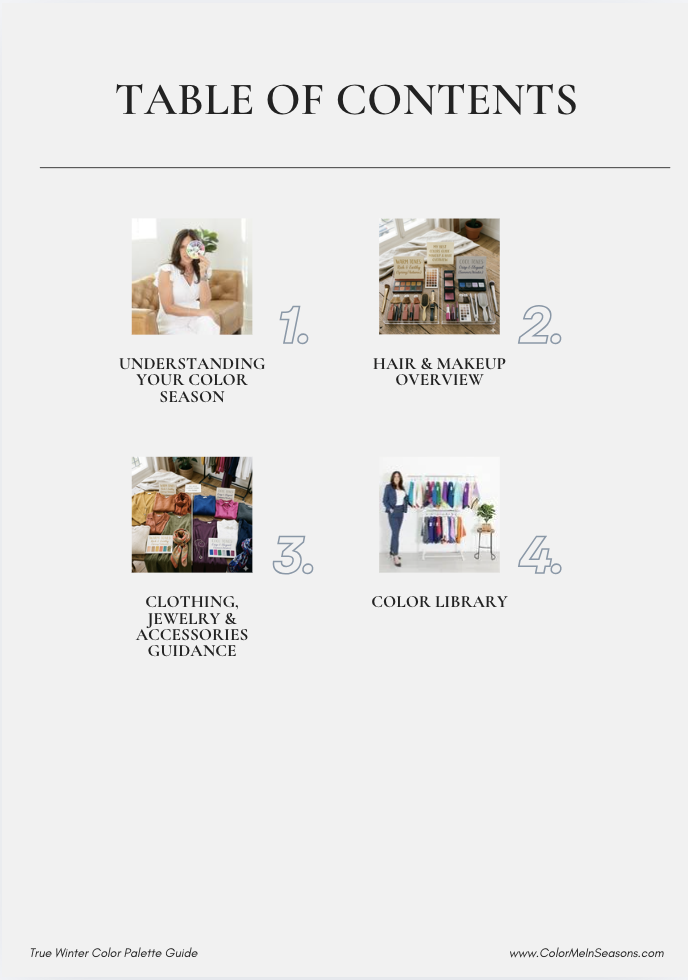 A table of contents sample of the color analysis palette guide with what a client can expect by booking services with Color Me In Seasons.