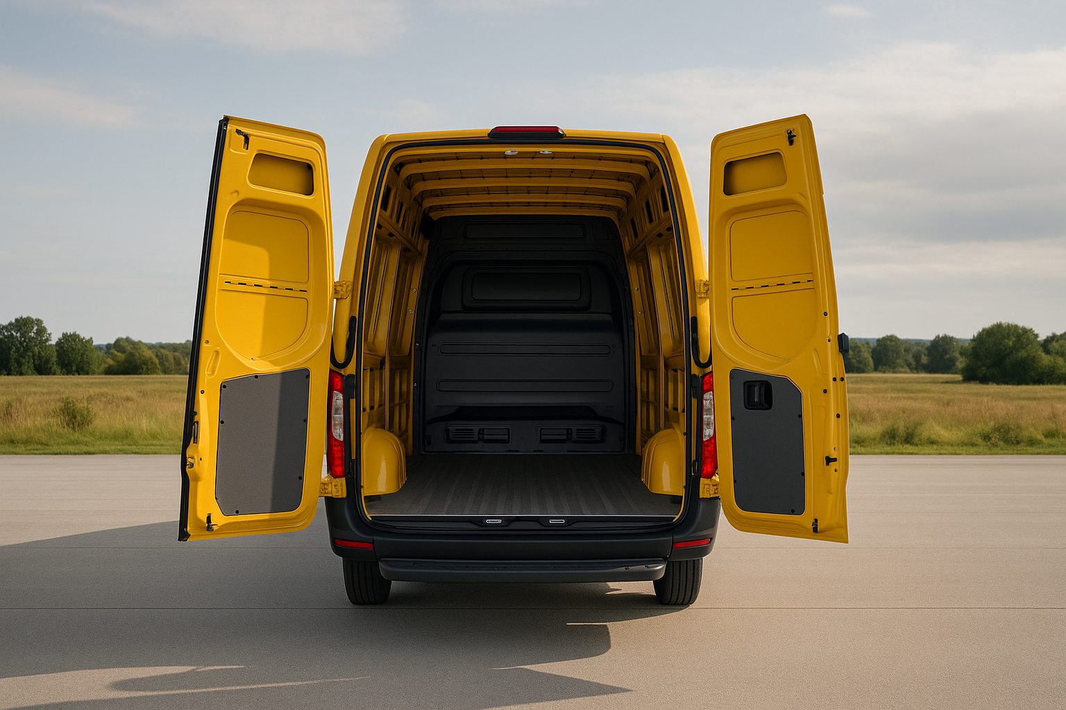 Rear view of an open yellow cargo van parked on a paved surface with a grassy field and trees in the background.