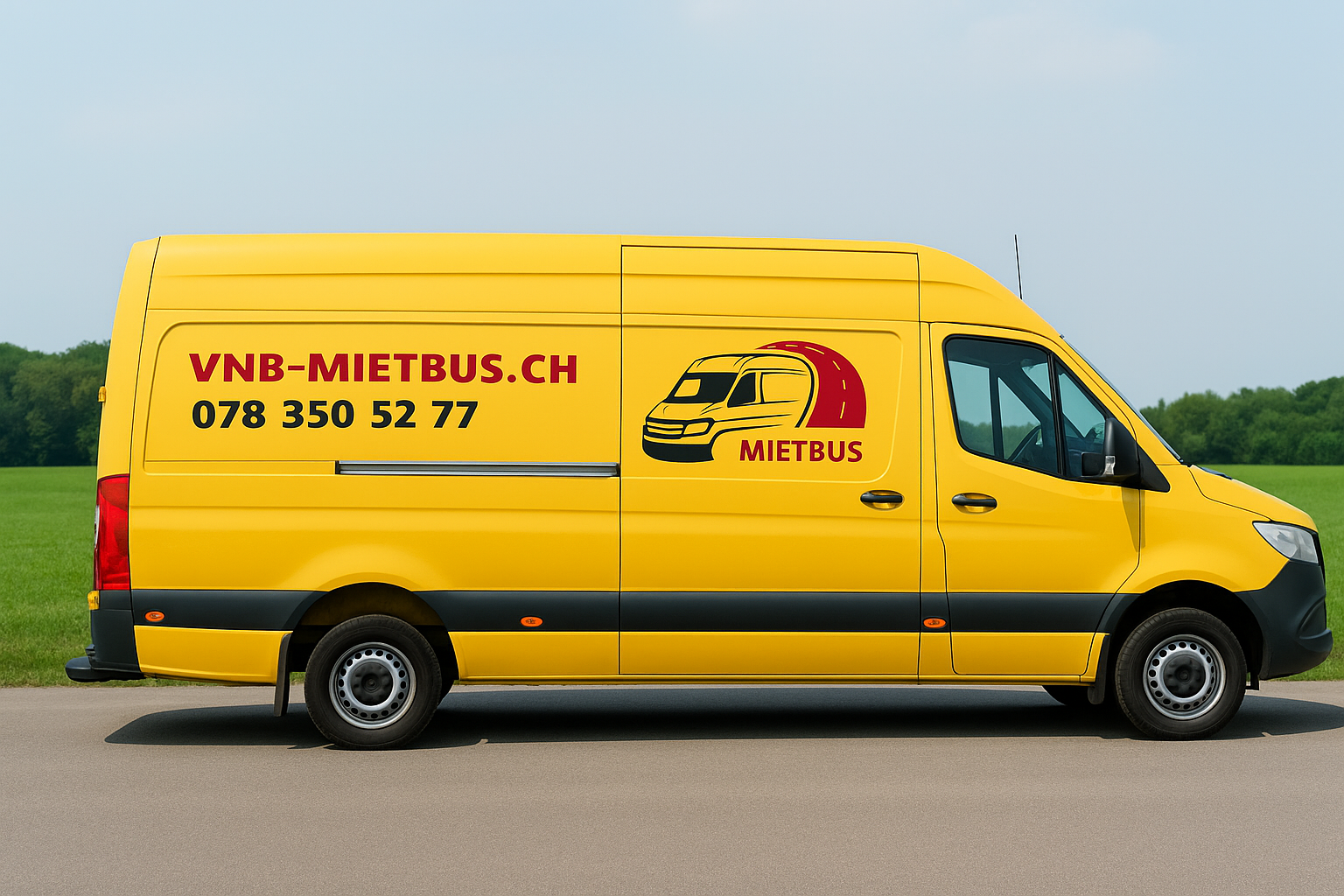 Yellow delivery or rental vehicle with website and phone number, displaying a logo of a train or tram on a curved red line, set against a green field and cloudy sky.