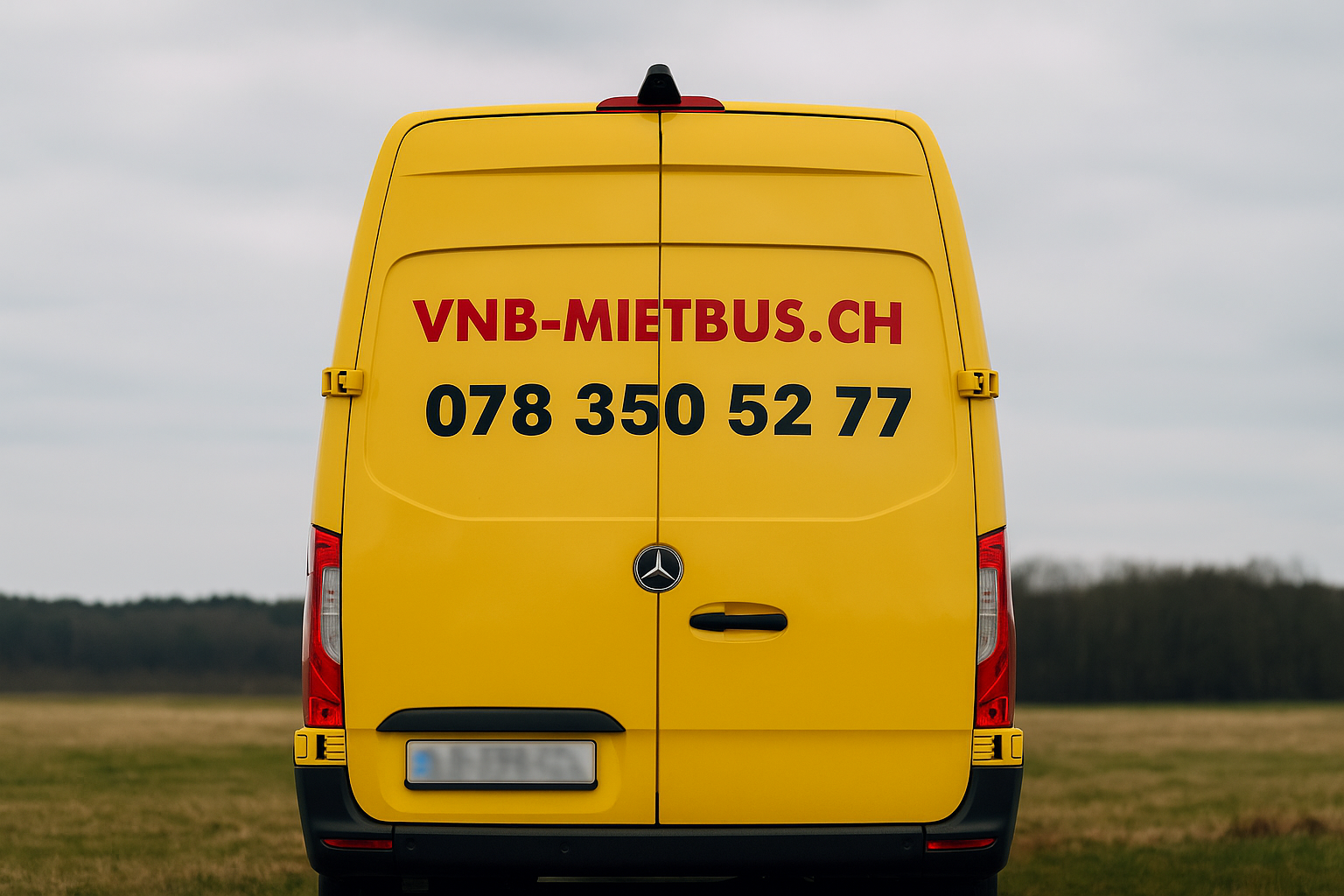 Yellow delivery van with red and black contact information text on the back, parked in an open field under an overcast sky.