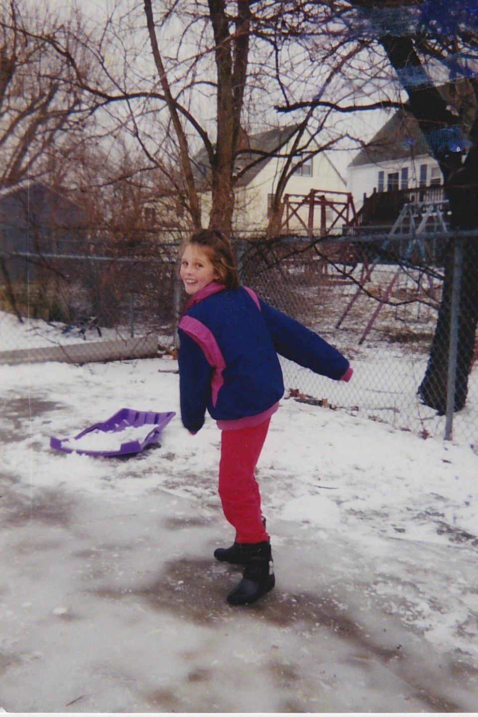 Playing on the frozen backyard