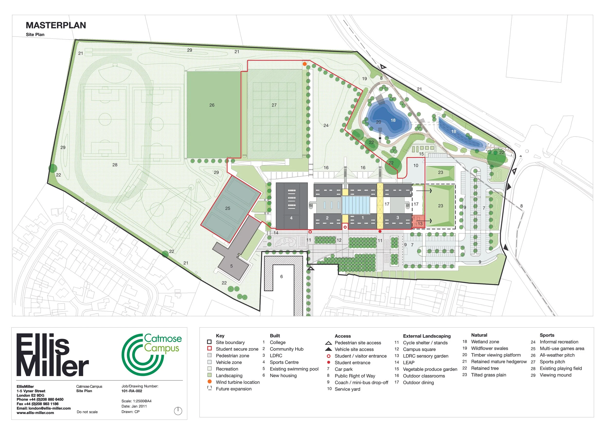 Site plan of Ellis Miller Campus showing buildings, sports facilities, lakes, natural areas, roads, parking, and landscaping features with a key to symbols and labels.