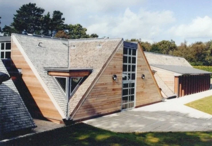 Modern house with wooden exterior, triangular windows, and a glass section in the center, surrounded by trees and a cloudy sky.