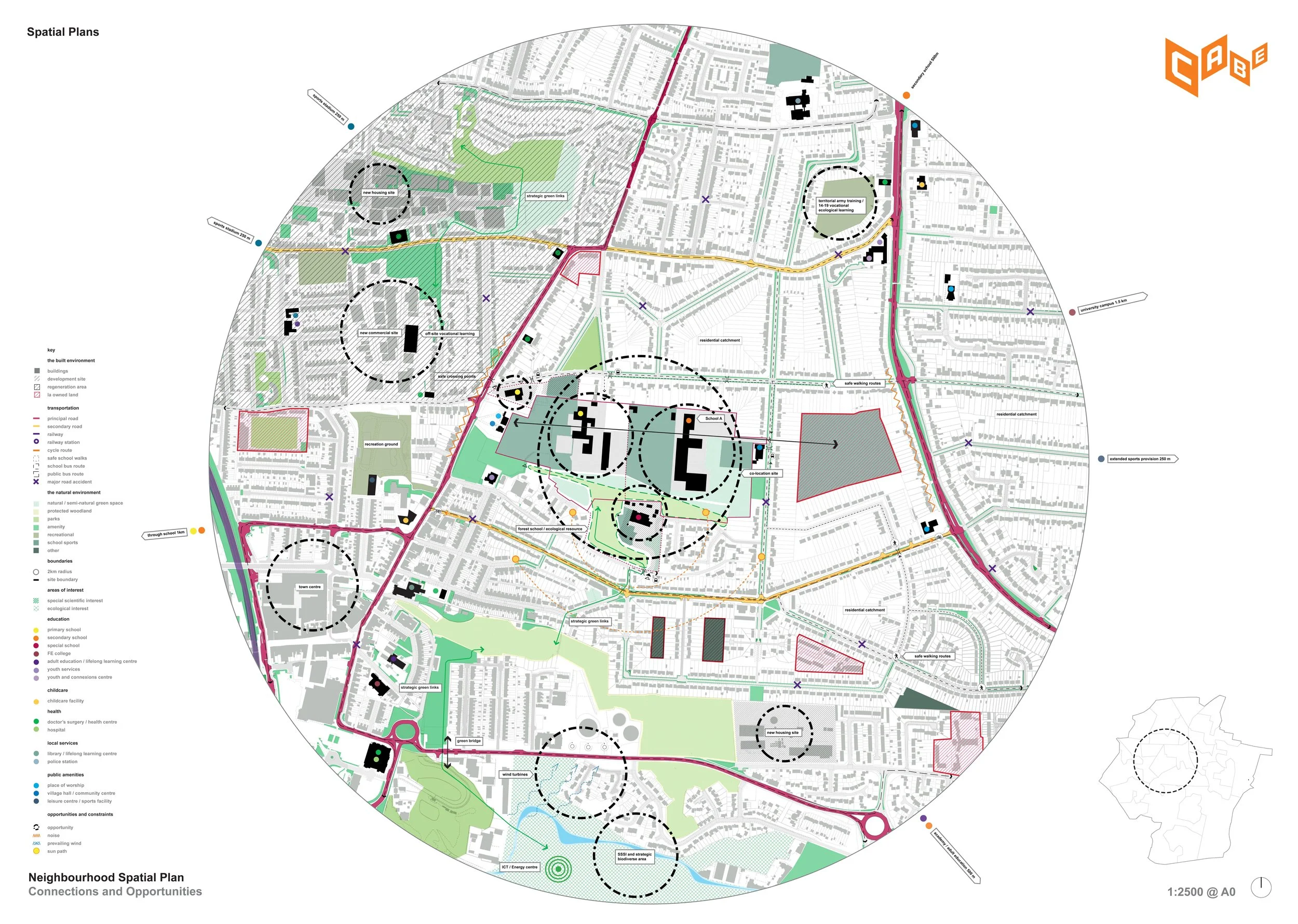 A detailed neighborhood spatial plan map showing roads, parks, schools, development sites, and various land uses, with key legend on the left and a small inset map of the larger region in the bottom right.