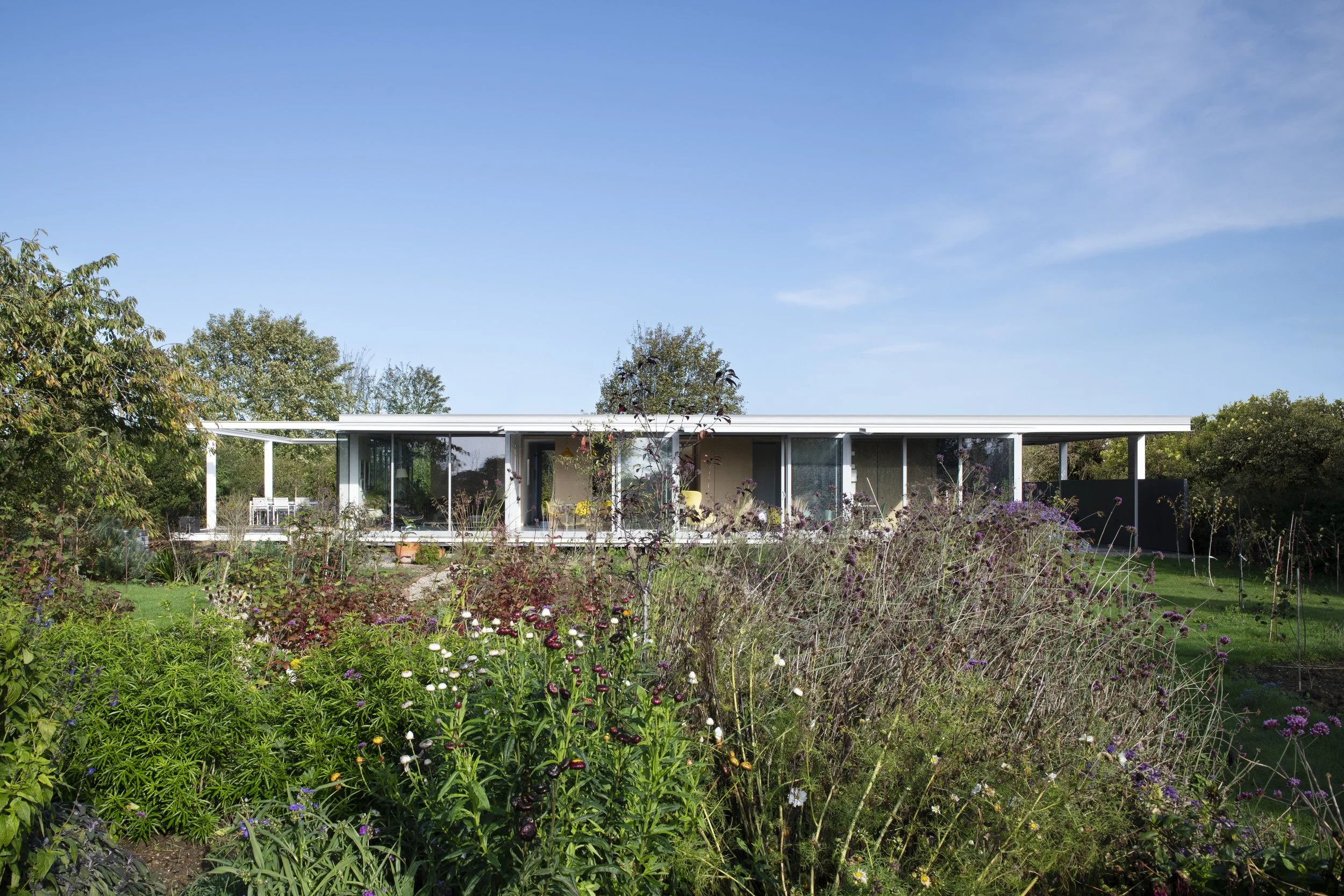 Modern house with large glass windows, situated behind a lush, flower-filled garden under a blue sky.
