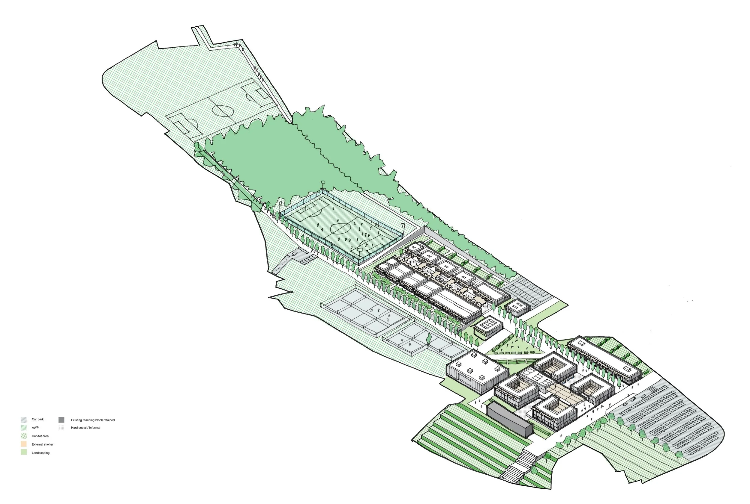 Site plan of an educational or recreational complex featuring sports fields, tennis courts, multiple buildings, parking lot, and landscaped areas.