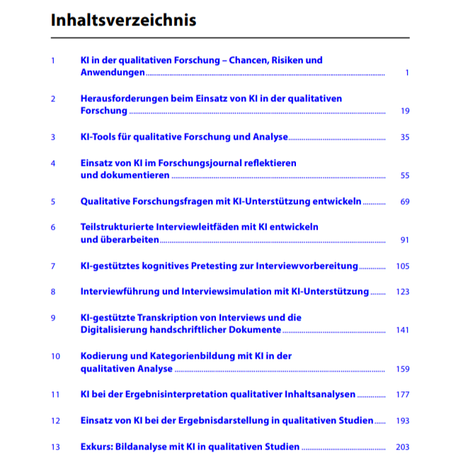Inhaltsverzeichnis eines Buches oder Dokuments mit 13 Kapiteln, die sich auf Künstliche Intelligenz in der qualitativen Forschung beziehen.