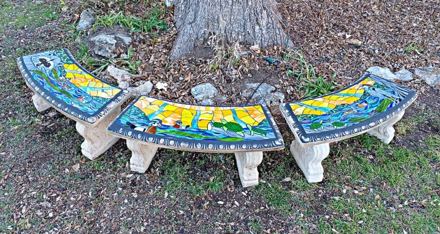 Public art commission park bench mosaic - custom art by Sondra Kretschmar of Esaltare Arts installed at the Price Center Gardens