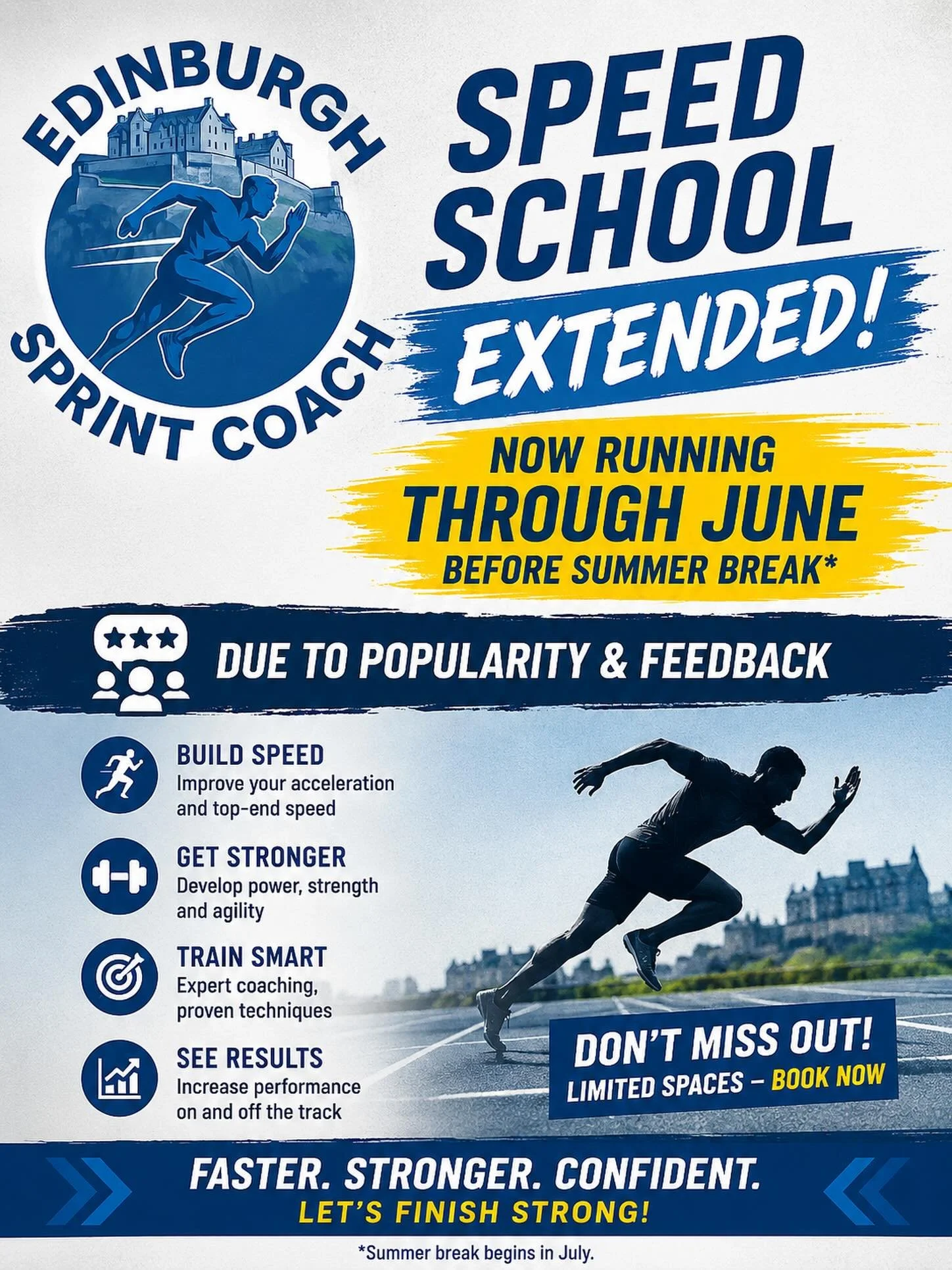 🔥 SPEED SCHOOL EXTENDED THROUGH JUNE! 🔥

Due to the amazing feedback and popularity of our sessions, Edinburgh Sprint Coach Speed School will now continue through June before the summer break! 💨

📍 The Meadows, Edinburgh 
🗓 Every Monday 
⏰ 6PM 
