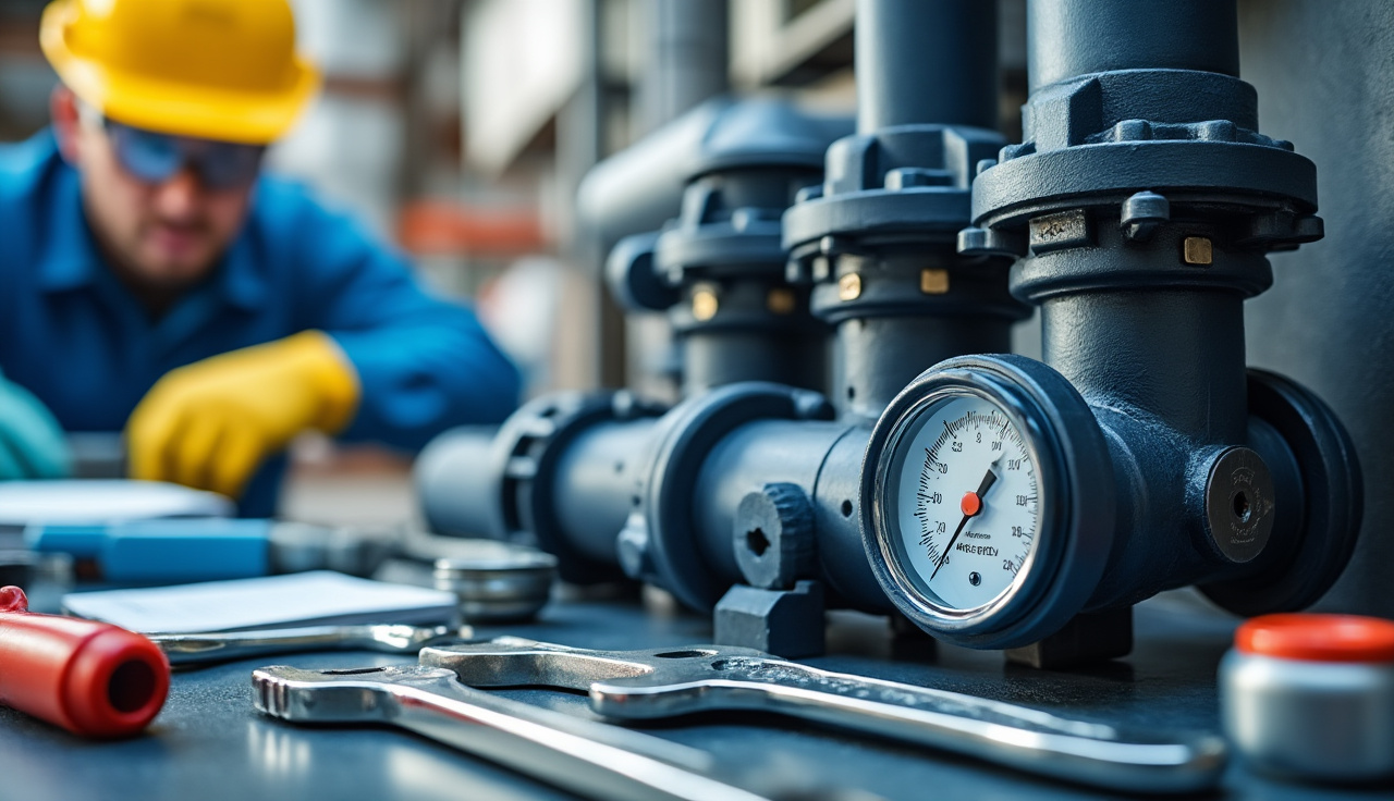 A technician inspecting pipes and a pressure gauge