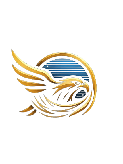 A logo of an eagle with gold and blue accents on a black background.