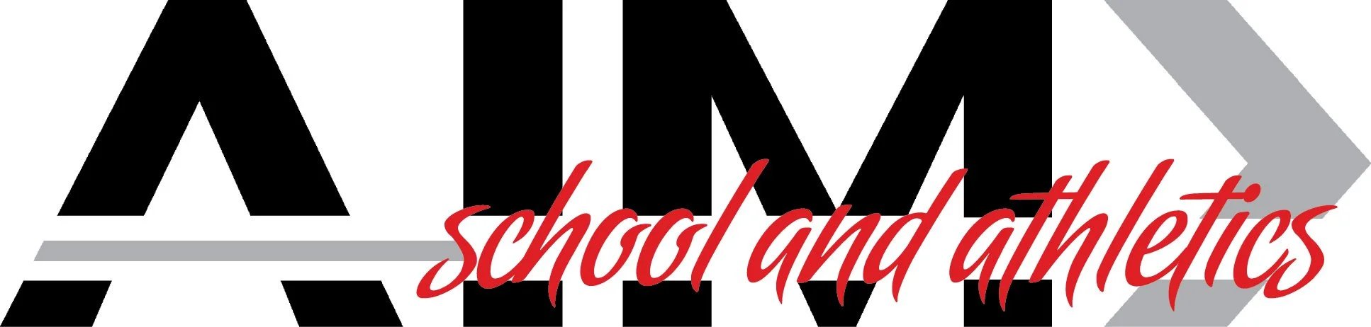 The logo of AIM School and Athletics with large black letters and red cursive text across the middle.