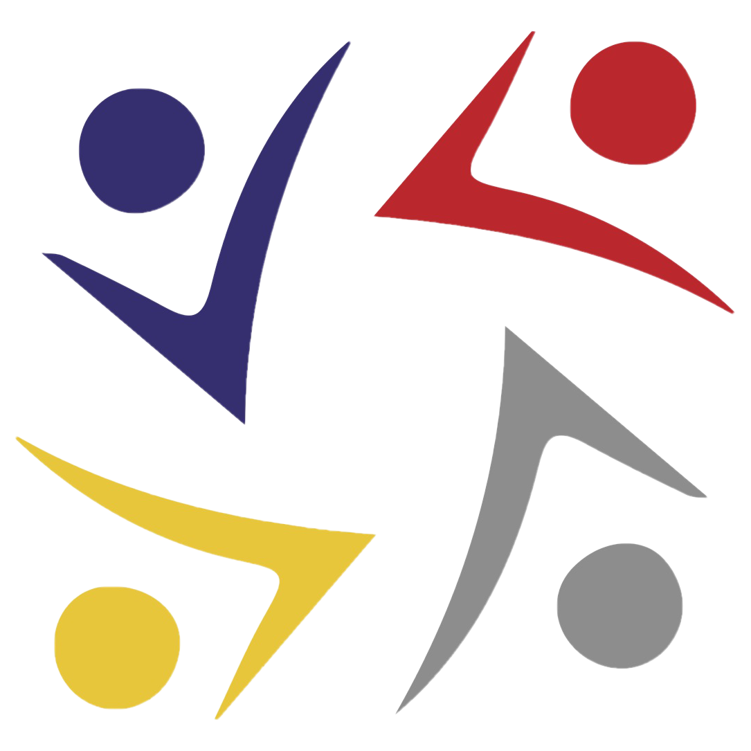 Abstract logo with four stylized human figures in blue, red, yellow, and gray, each with a circle for a head and a curved shape for a body on a black background.