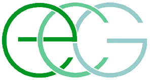 Graphic design featuring interconnected green and teal letter G's.