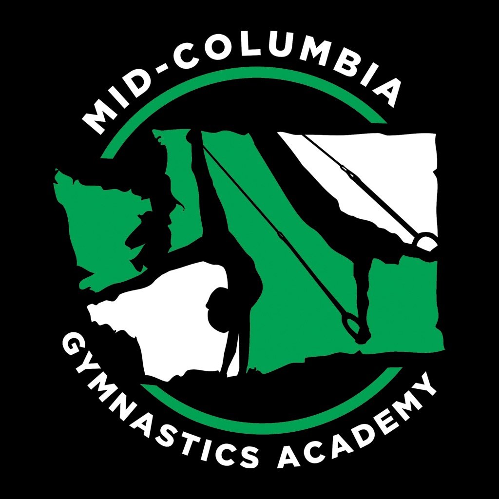 Logo for Mid-Columbia Gymnastics Academy featuring a stylized map of Oregon and Washington, with a gymnast on the uneven bars, all in green, black, and white