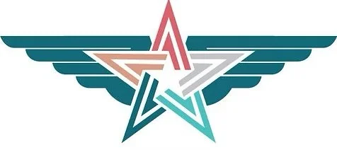 Stylized star with wings in shades of blue, gray, pink, and white.