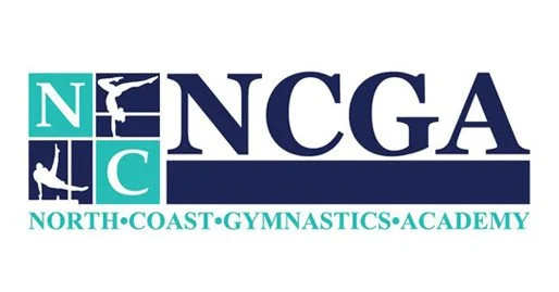Logo for North Coast Gymnastics Academy featuring the acronym NCGA and gymnast silhouettes.