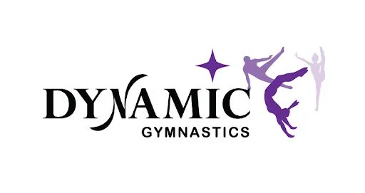 Logo for Dynamic Gymnastics featuring silhouettes of gymnasts performing flips and a star.
