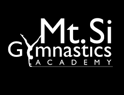Logo for Mt. Si Gymnastics Academy with stylized text and a gymnast silhouette on the 'Y' in Gymnastics.
