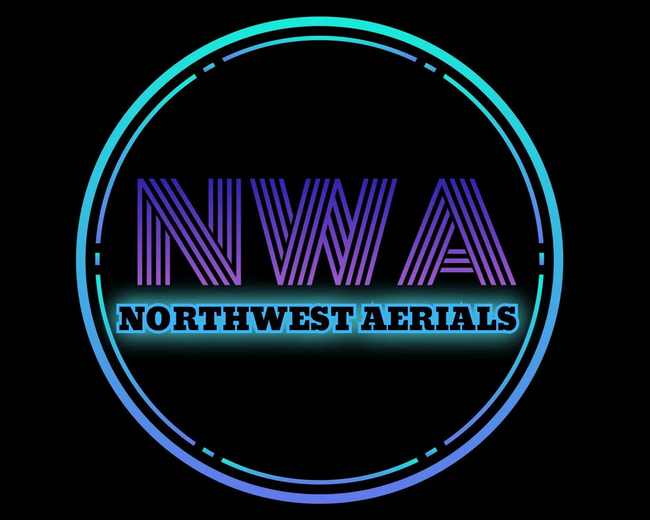 Neon-style logo of NWAA Northwest Aerials in purple and blue with a circular design on a black background.