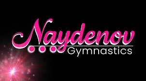 Naydenov Gymnastics logo in pink and white text on a black background.