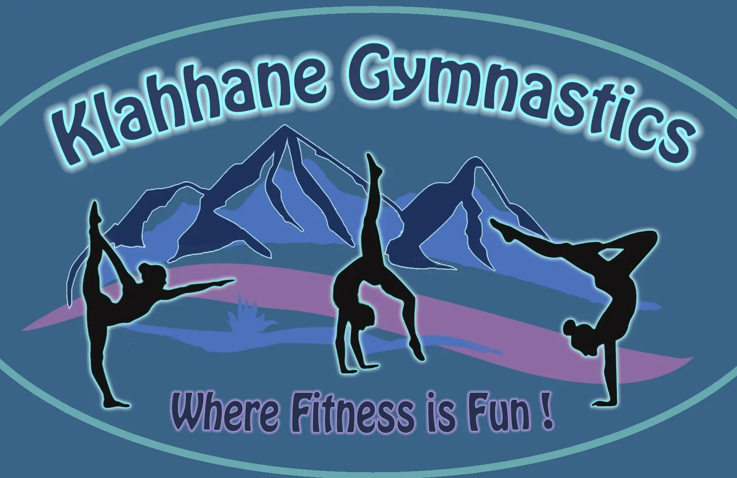 Logo for Klahhane Gymnastics with silhouettes of people doing gymnastics poses against a mountain background and the slogan 'Where Fitness is Fun!'.