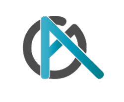 A stylized logo featuring a blue letter 'A' overlapping a black geometric shape on a black background.