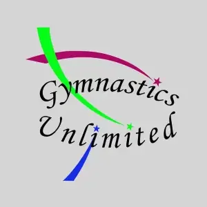 Logo for Gymnastics Unlimited featuring stylized colorful lines and stars.