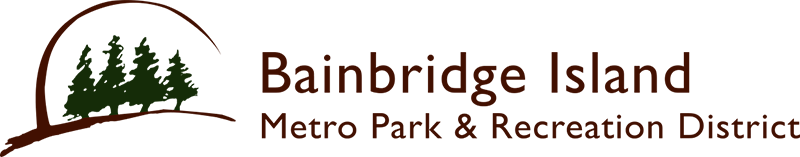 Logo of Bainbridge Island Metro Park & Recreation District with a silhouette of trees and the district name in brown text.
