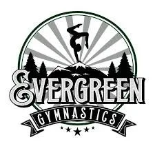 A logo for Evergreen Gymnastics featuring a gymnast performing a handstand on a balance beam, with evergreen trees in the background and the text 'Evergreen Gymnastics' beneath.