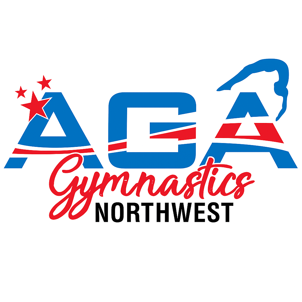 Logo for AAA Gymnastics Northwest featuring the letters AAA in patriotic colors with stars and stripes, the word Gymnastics in red cursive, and Northwest in black capital letters.