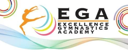 Logo of EGA Excellence Gymnastics Academy with a silhouette of a gymnast in orange jumping, surrounded by colorful circular patterns.