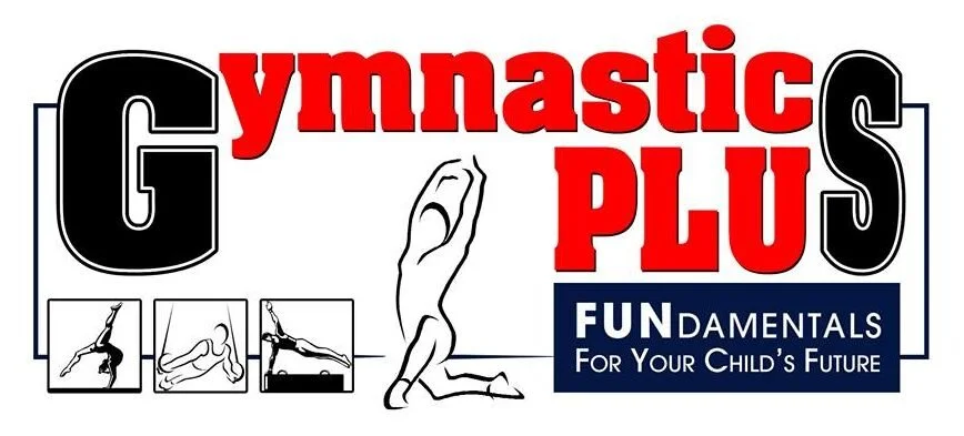 Logo for Gymnastic Plus featuring the words 'gymnastic PLUS' in large red and black letters, illustrations of children performing gymnastic moves, and a slogan 'FUNdamentals for your child's future' in a blue box.