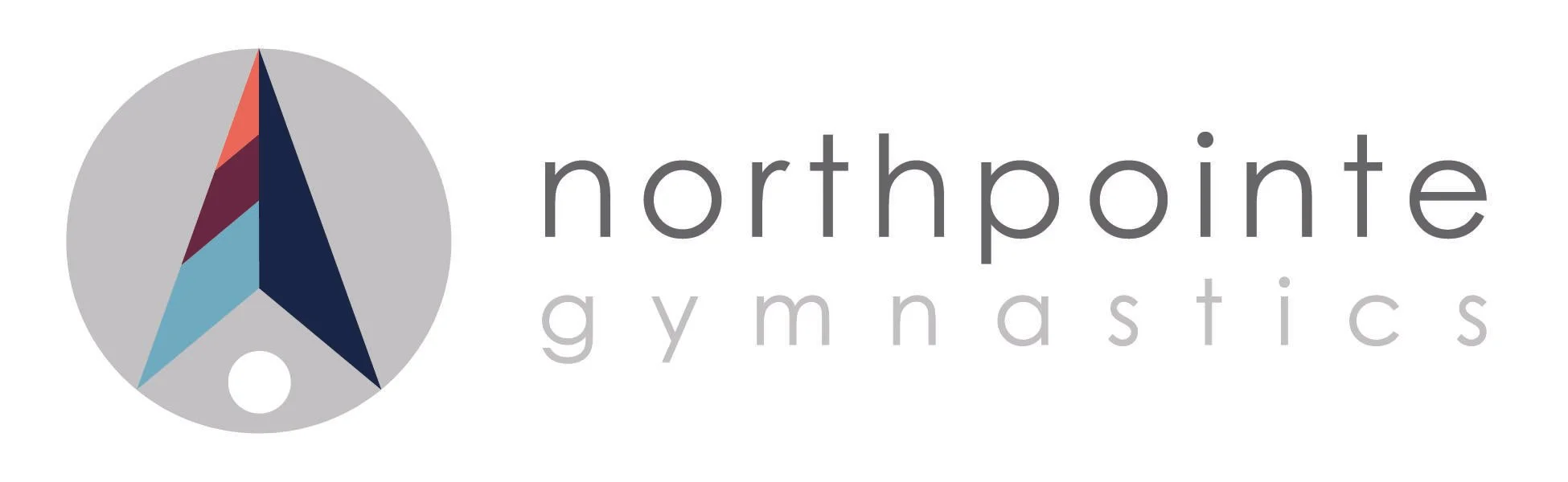 Northpointe Gymnastics logo featuring a stylized figure in blue, dark purple, and red inside a light gray circle, with the text 'northpointe gymnastics' to the right.