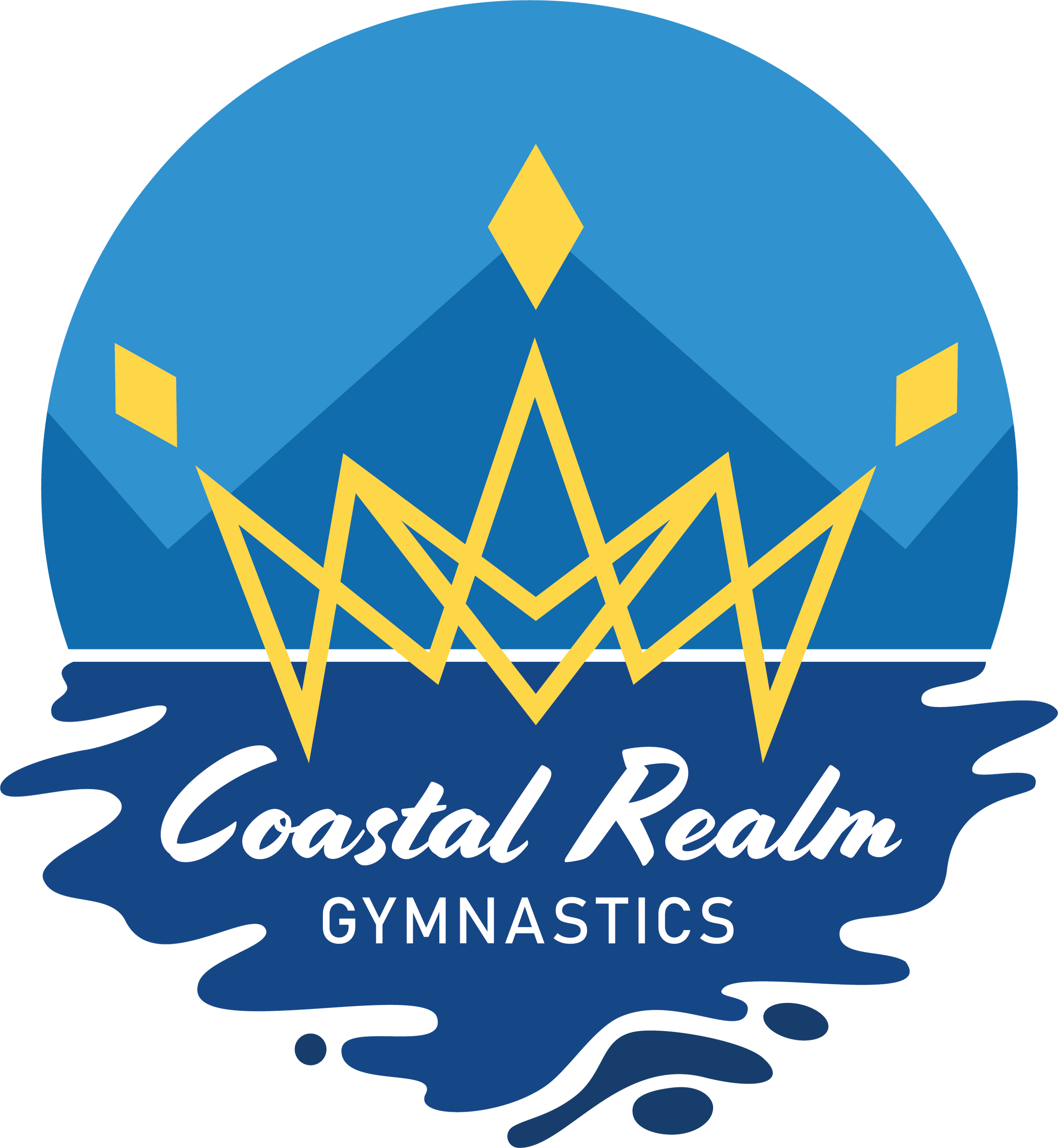 Logo of Coastal Realm Gymnastics featuring a blue and yellow crown graphic and text 'Coastal Realm Gymnastics'.