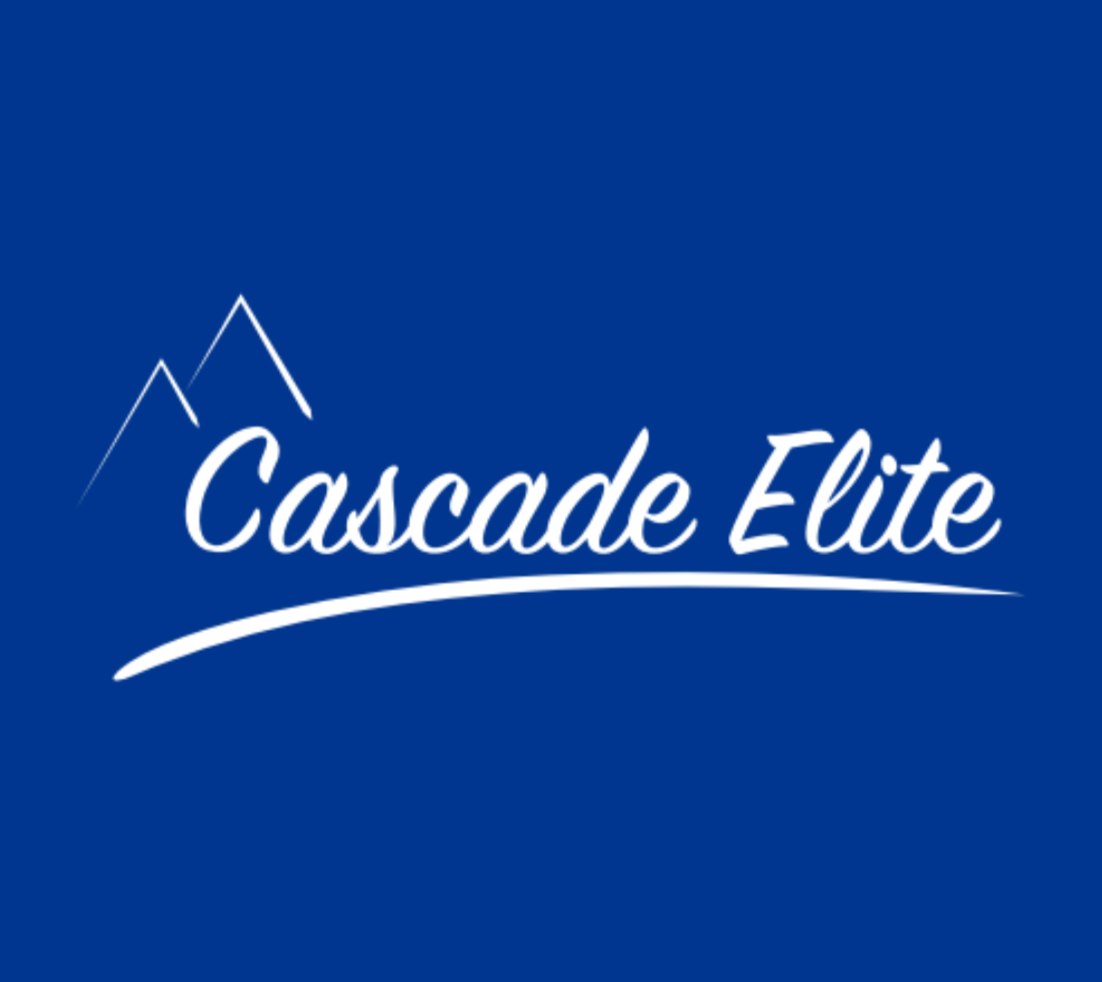 Blue background with white logo reading 'Cascade Elite' and stylized mountain peaks above
