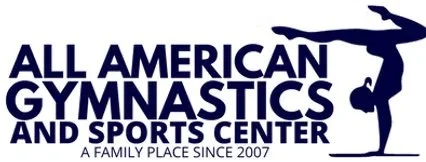 Logo for All American Gymnastics and Sports Center with text and a silhouette of a gymnast performing a handstand.