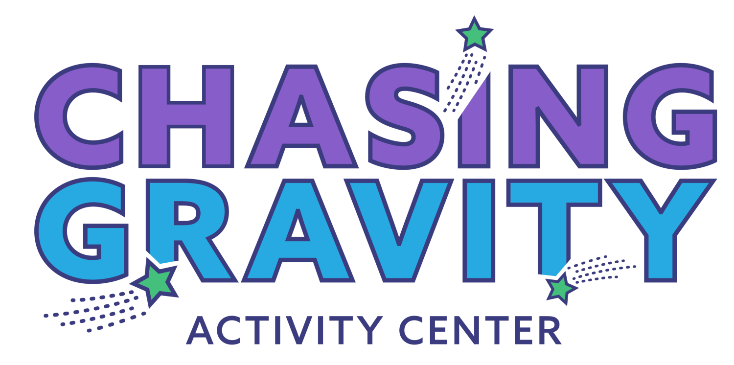 Logo for Chasing Gravity Activity Center with purple and blue text, stars, and comet-like dotted trails