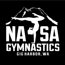 Logo for NASA Gymnastics featuring a mountain, a gymnast, and text indicating location in Gig Harbor, Washington.