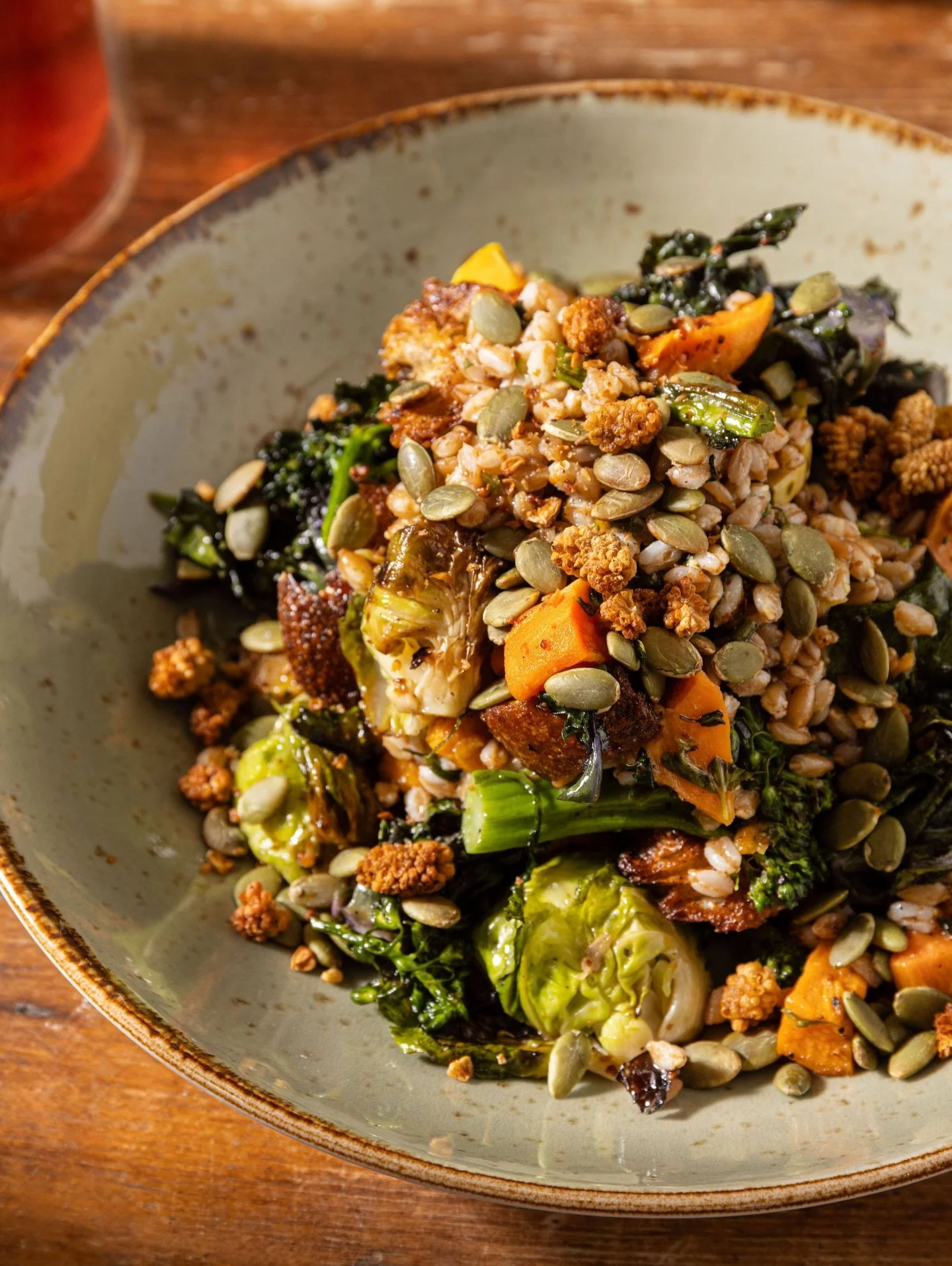 Our panzanella is everything good about this time of year on one plate. Roasted yams and delicata squash, charred broccolini and brussel sprouts, lollipop kale, farro, toasted bread, mulberries, pepitas, and apple cider vinaigrette.

It&rsquo;s heart