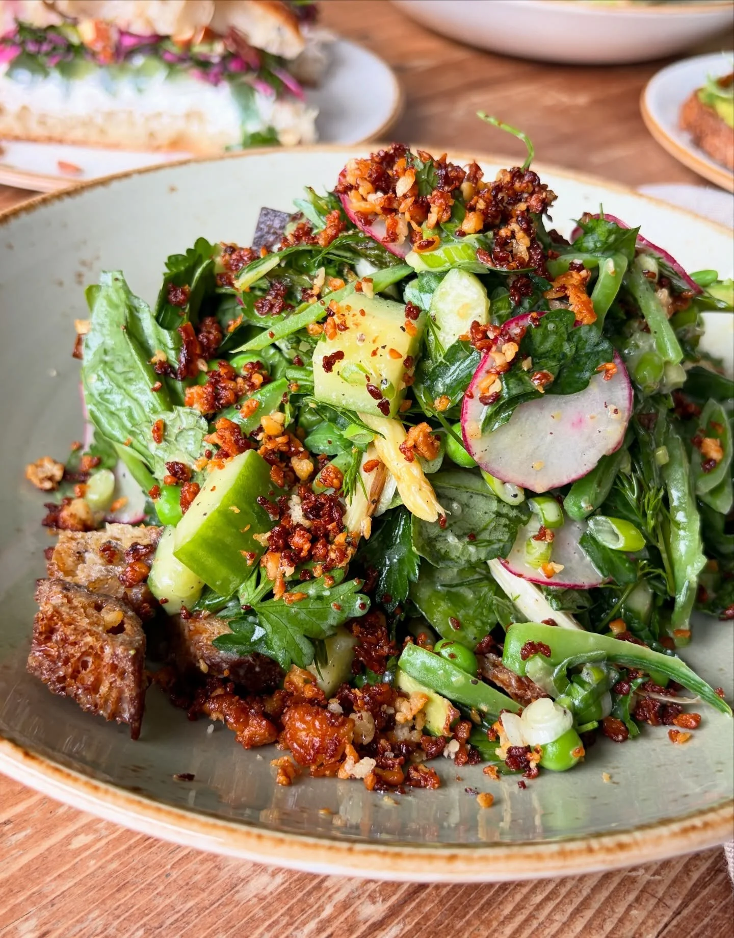 Spring on a plate! Smashed cucumber, asparagus, snap peas, radish, crispy halloumi, and a lemon buttermilk dressing that ties it all together. The spring panzanella is here and ready to stay awhile.